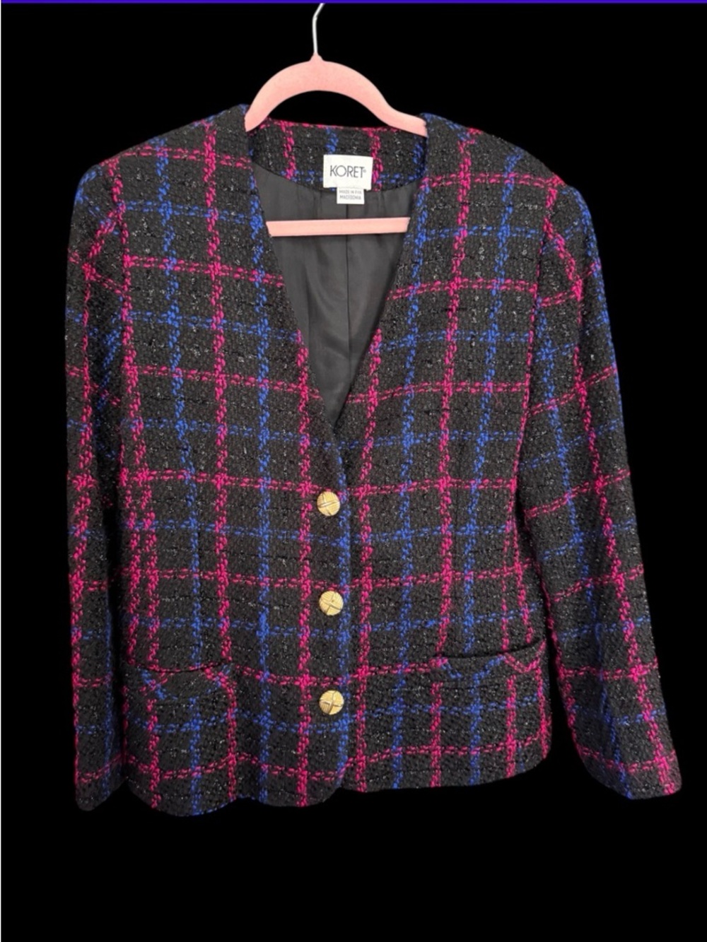 Vintage Koret Black Tweed Plaid Jacket with Pink & Blue Windowpane Size 10
